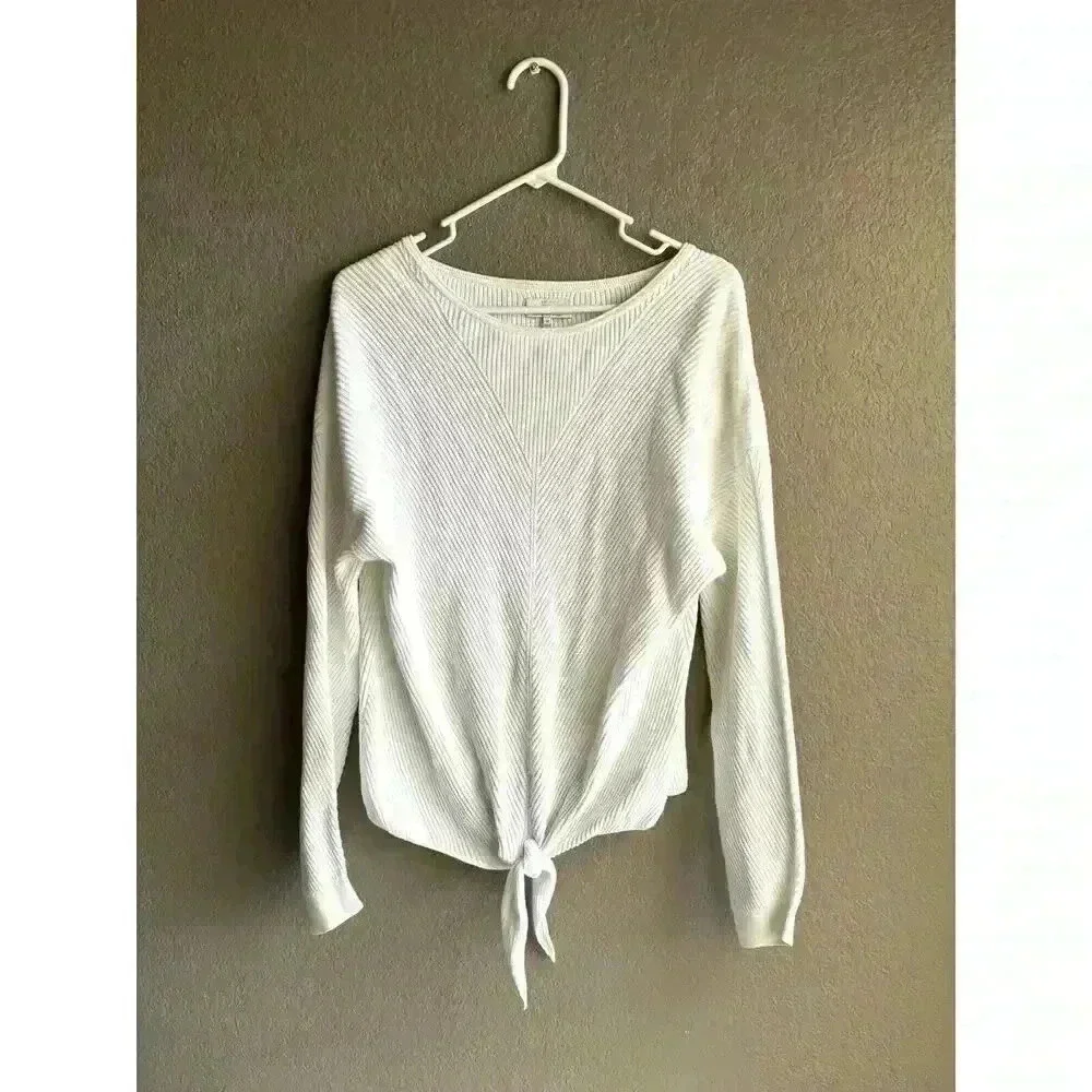 Lucky Brand Women’s Med White Ribbed Knit Knot Front‎ Long Sleeves Sweater
